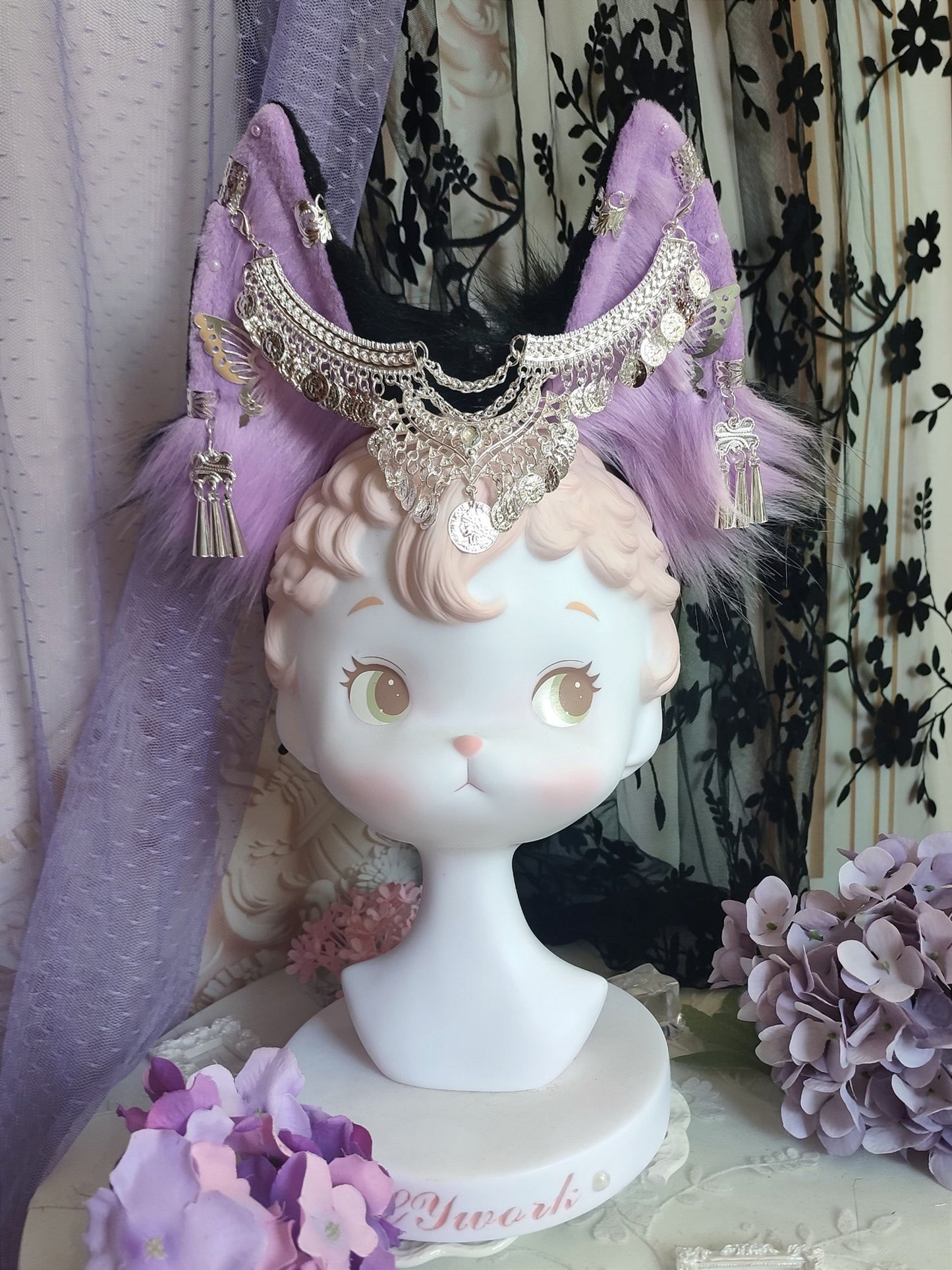 Cosplay Purple Fox Ears Kit Cosplay Fox Headdress Hairband Cosplay Animal with Accessories Costume Accessories
