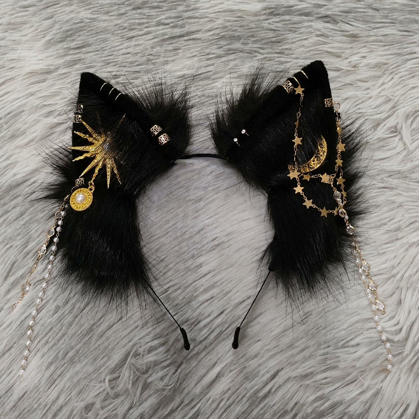 Cosplay Fox Ears Kit Cos Black Fox Headband Sun Moon Fox Hairband Cosplay Animal with Accessories Custom Cosplay Wolf Ears Furry Ears Faux Fur