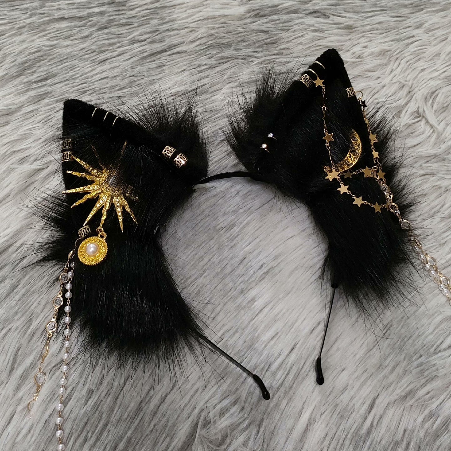 Cosplay Fox Ears Kit Cos Black Fox Headband Sun Moon Fox Hairband Cosplay Animal with Accessories Custom Cosplay Wolf Ears Furry Ears Faux Fur