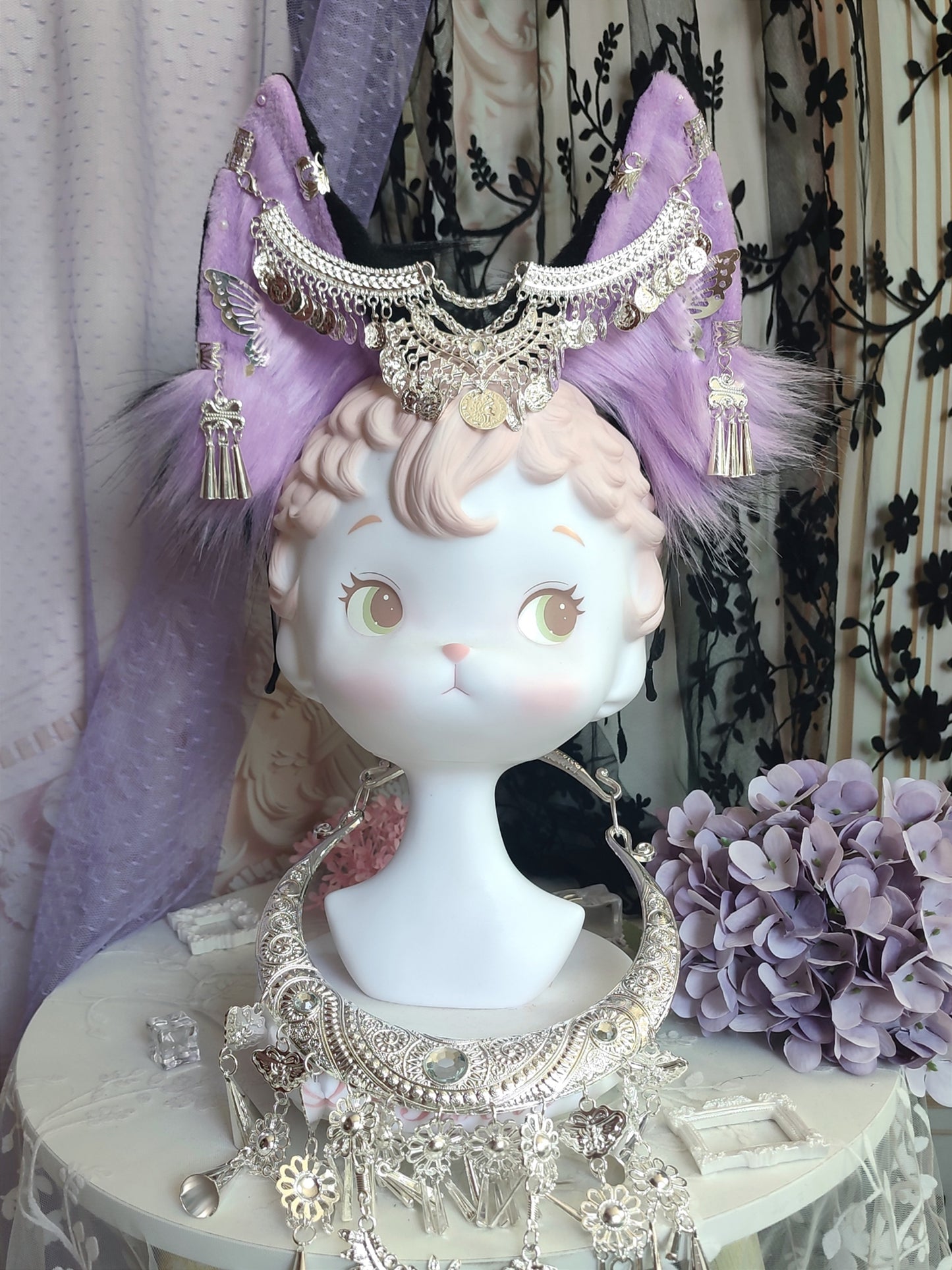 Cosplay Purple Fox Ears Kit Cosplay Fox Headdress Hairband Cosplay Animal with Accessories Costume Accessories