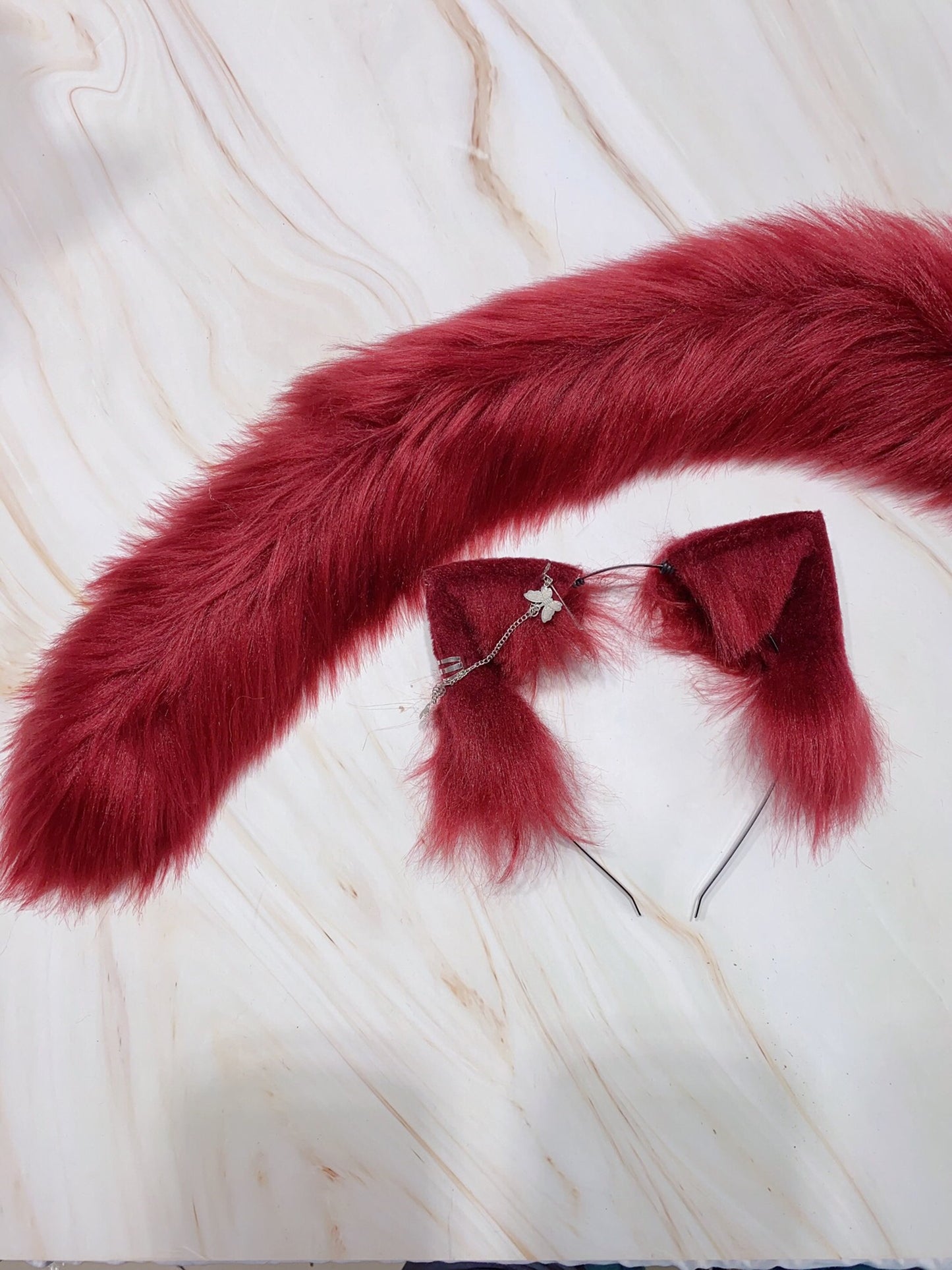 Cosplay Red Cat Ears Tail Kit Cosplay Cat Ears Headdress Hairband Cat Headband Costume Accessories Custom Animal Ears Furry Ears Faux Fur
