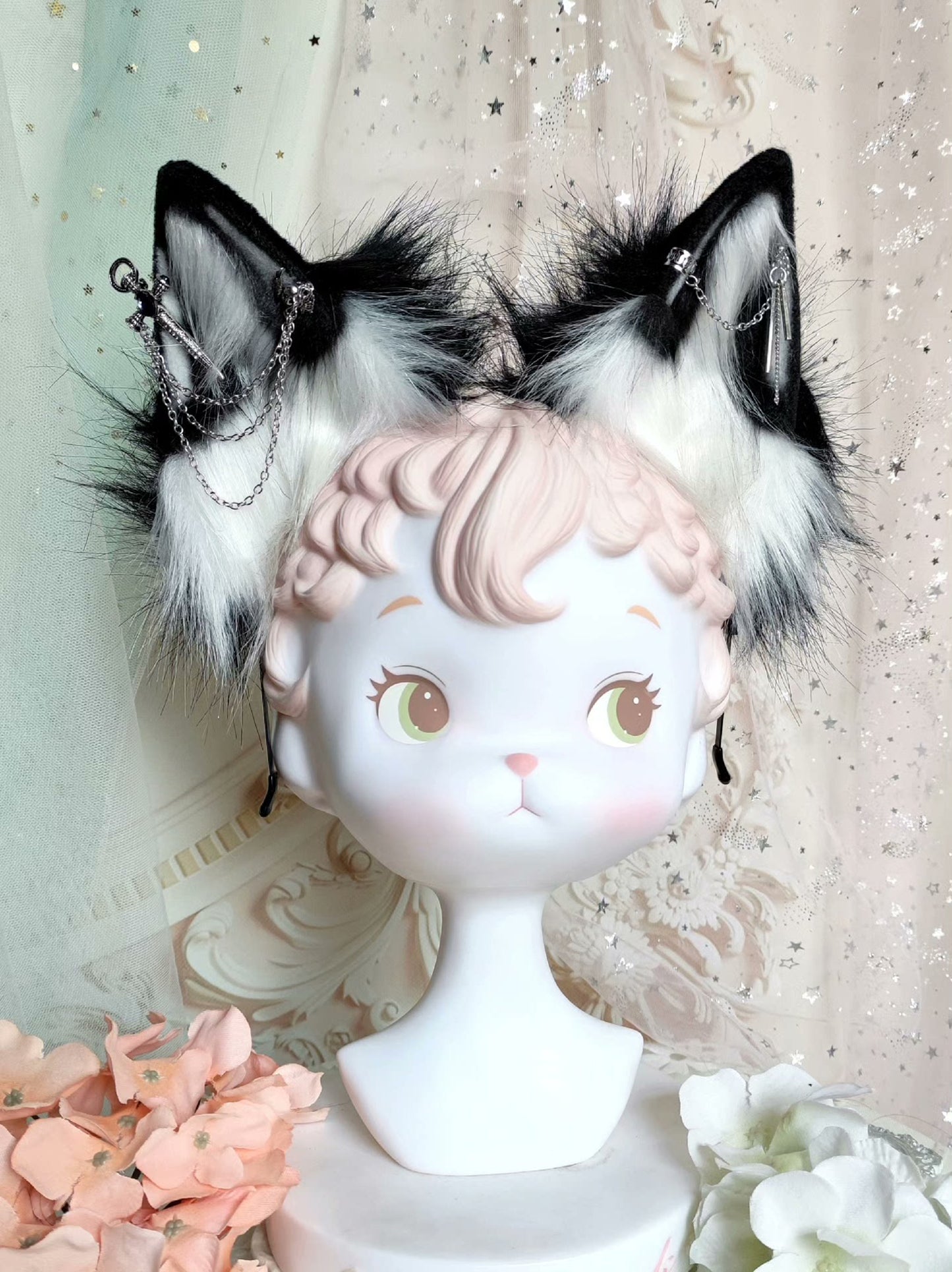 Cosplay Fox Headband Kit Cosplay Black Fox Ears Headband Cosplay Hairband Cosplay Animal Custom Ears Furry Ears with Sword Accessories