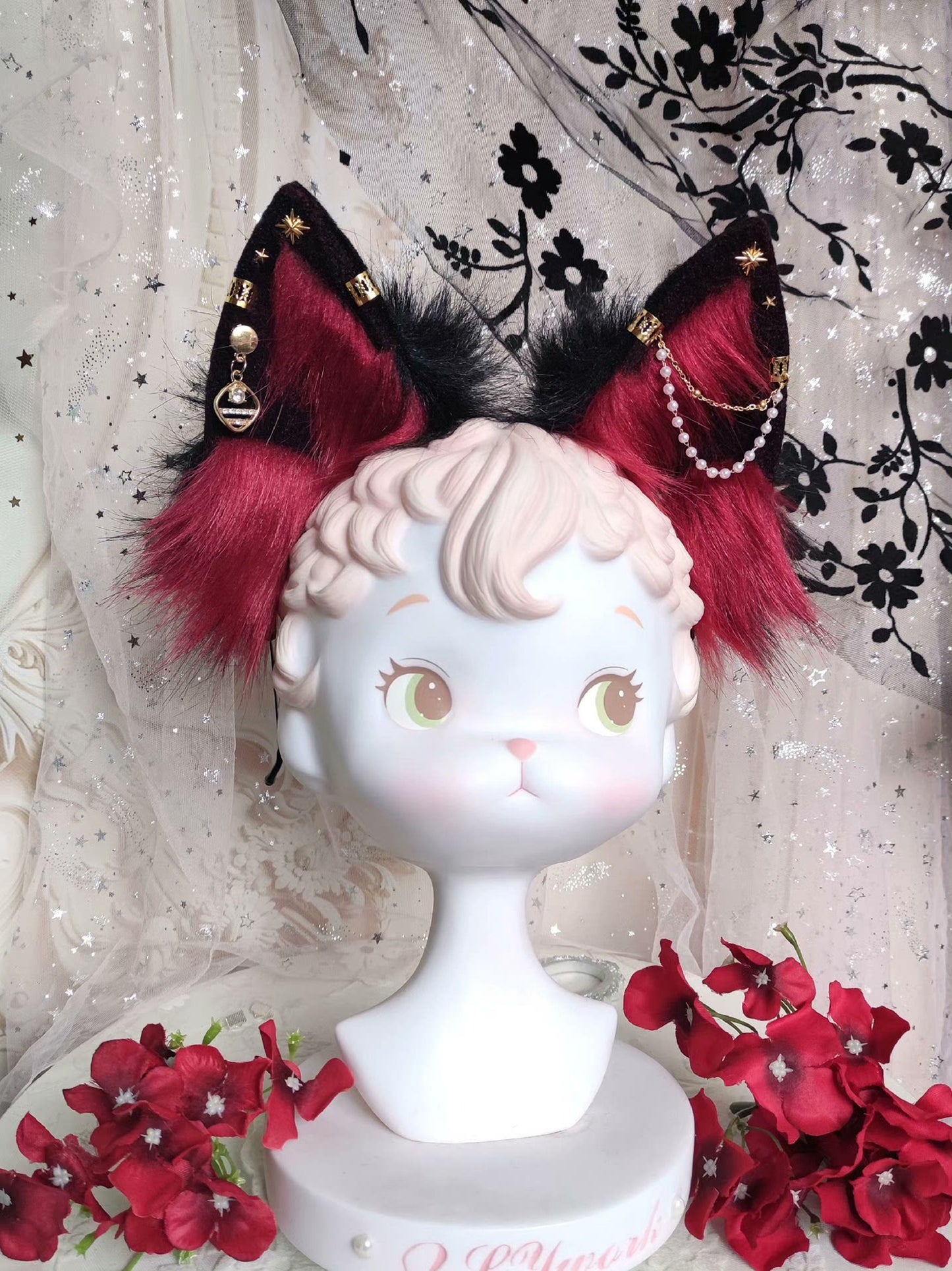 Cosplay Blood Fox Ears Kit Cos Red Fox Headband Anubis Hairband Cosplay Animal with Accessories Custom Cosplay Wolf Ears Furry Ears Faux Fur