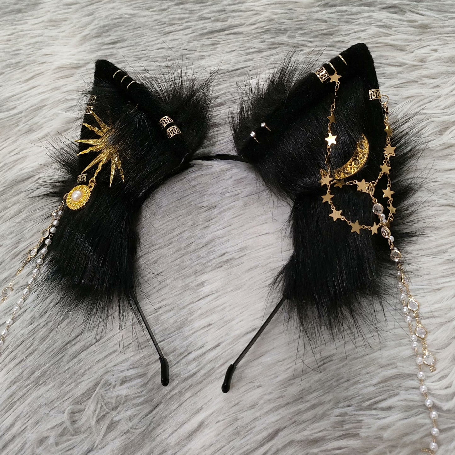 Cosplay Fox Ears Kit Cos Black Fox Headband Sun Moon Fox Hairband Cosplay Animal with Accessories Custom Cosplay Wolf Ears Furry Ears Faux Fur