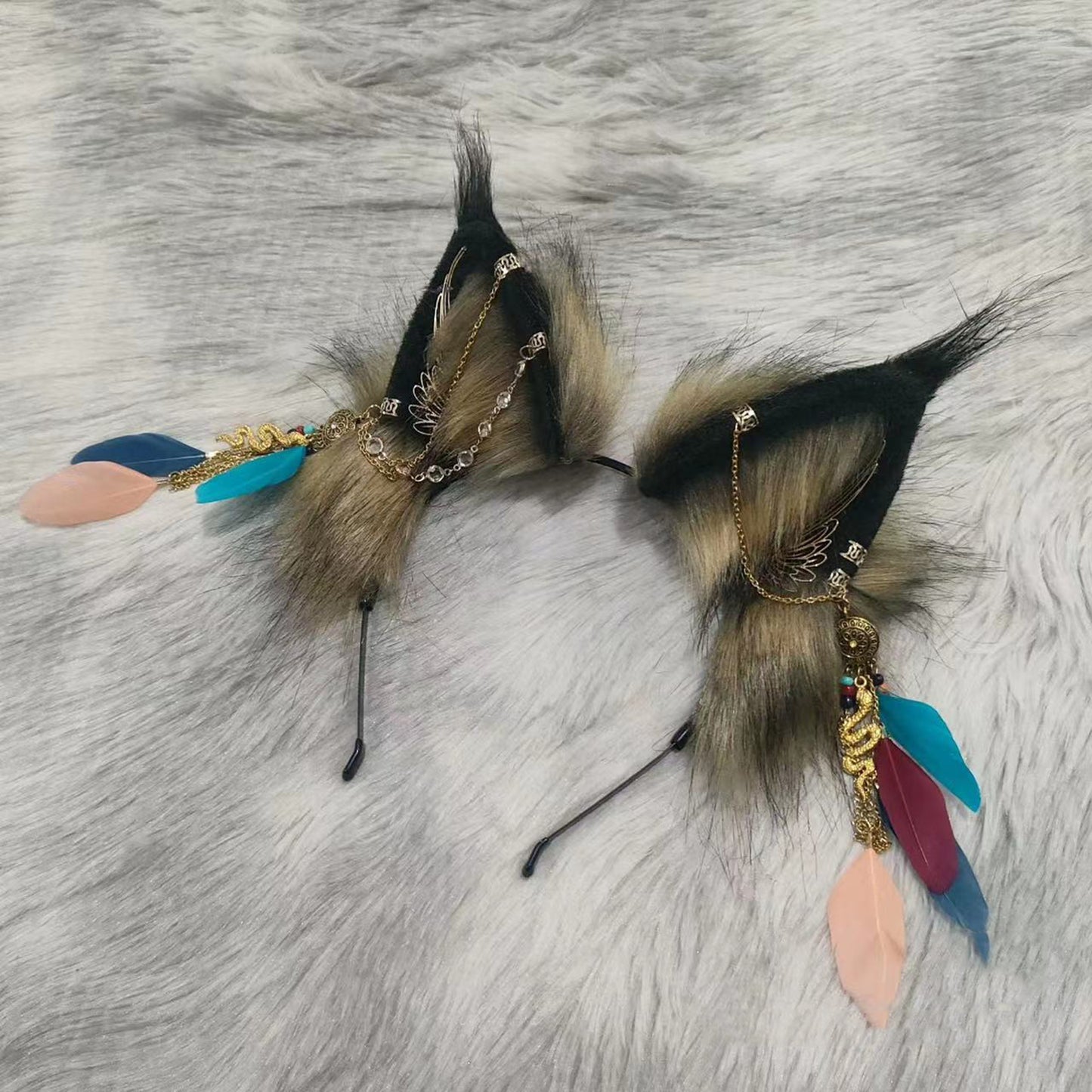 Cosplay Fox Ears Kit Cos Brown Lynx Headband Wolf Hairband Cosplay Animal with Accessories Custom Cosplay Wolf Ears Faux Fur Wolf Ears