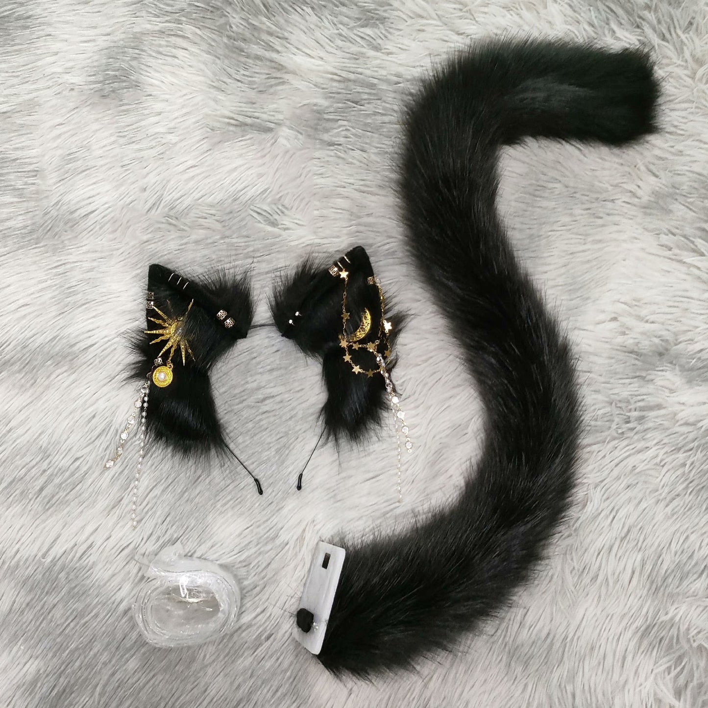 Cosplay Fox Ears Kit Cos Black Fox Headband Sun Moon Fox Hairband Cosplay Animal with Accessories Custom Cosplay Wolf Ears Furry Ears Faux Fur