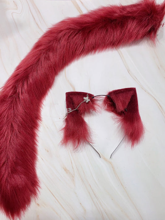 Cosplay Red Cat Ears Tail Kit Cosplay Cat Ears Headdress Hairband Cat Headband Costume Accessories Custom Animal Ears Furry Ears Faux Fur