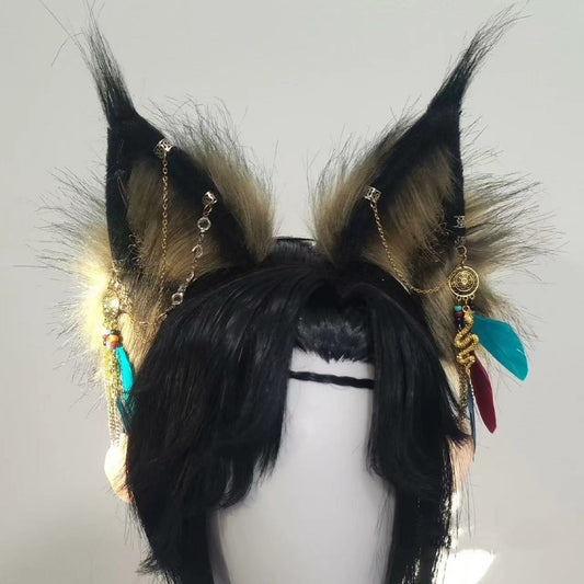 Cosplay Fox Ears Kit Cos Brown Lynx Headband Wolf Hairband Cosplay Animal with Accessories Custom Cosplay Wolf Ears Faux Fur Wolf Ears