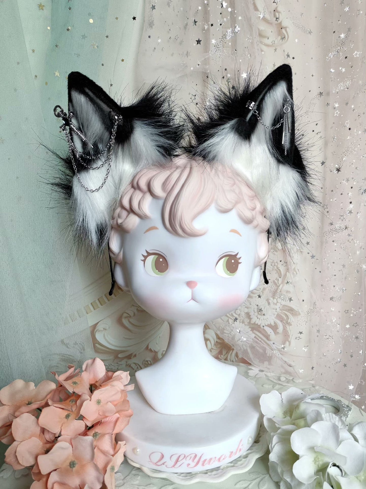 Cosplay Fox Headband Kit Cosplay Black Fox Ears Headband Cosplay Hairband Cosplay Animal Custom Ears Furry Ears with Sword Accessories