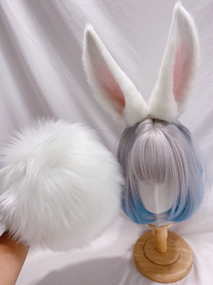 Cos Rabbit Ears Tail Kit Cosplay Bunny Headband Hairband Cosplay Bunny Ears Costume Accessories Halloween Cosplay Animal Ears Furry Ears Faux Fur